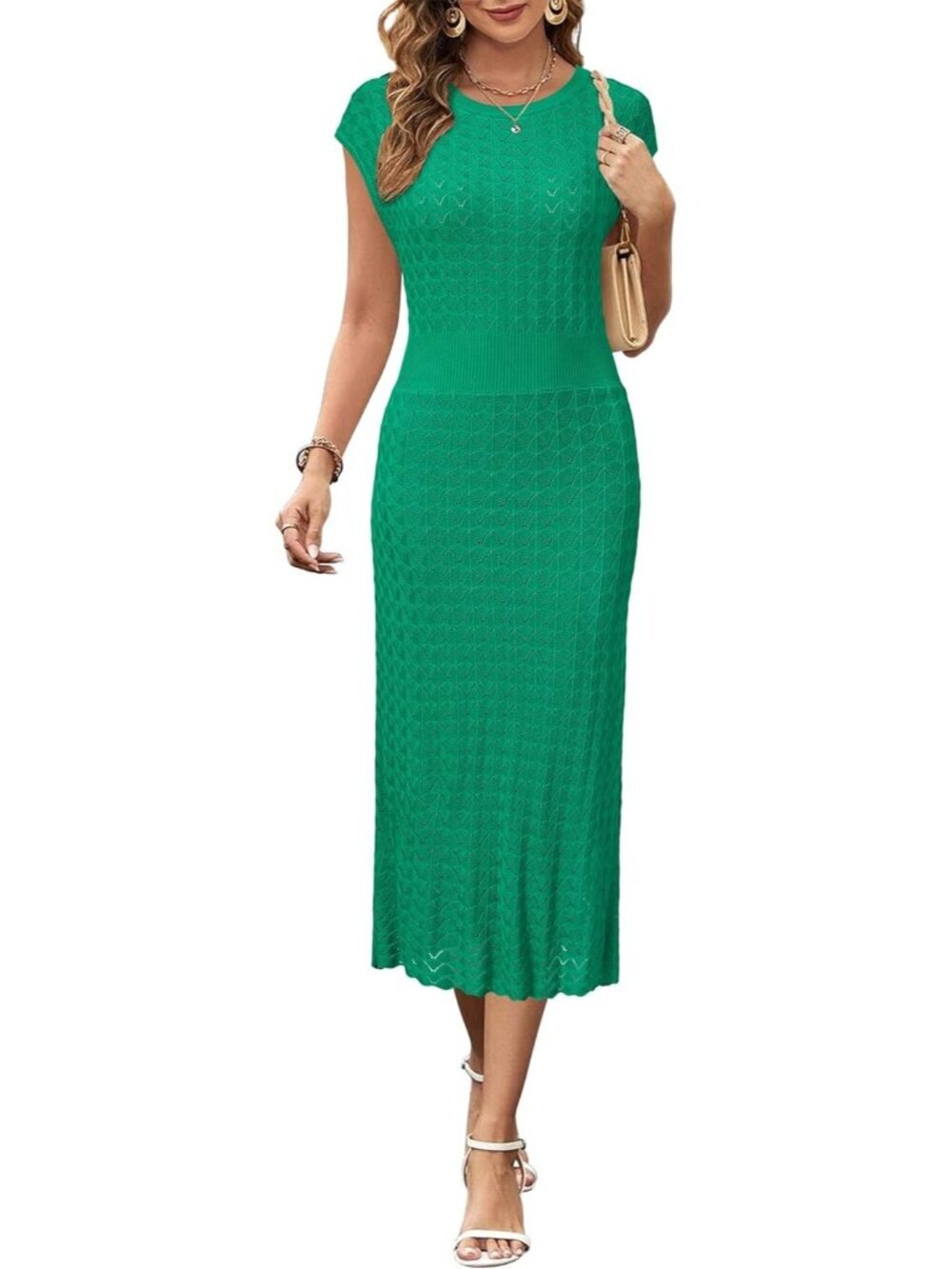 Women's Green Summer Casual Outfit Work Midi Boat Neck Pull On Cap Sleeve Dress